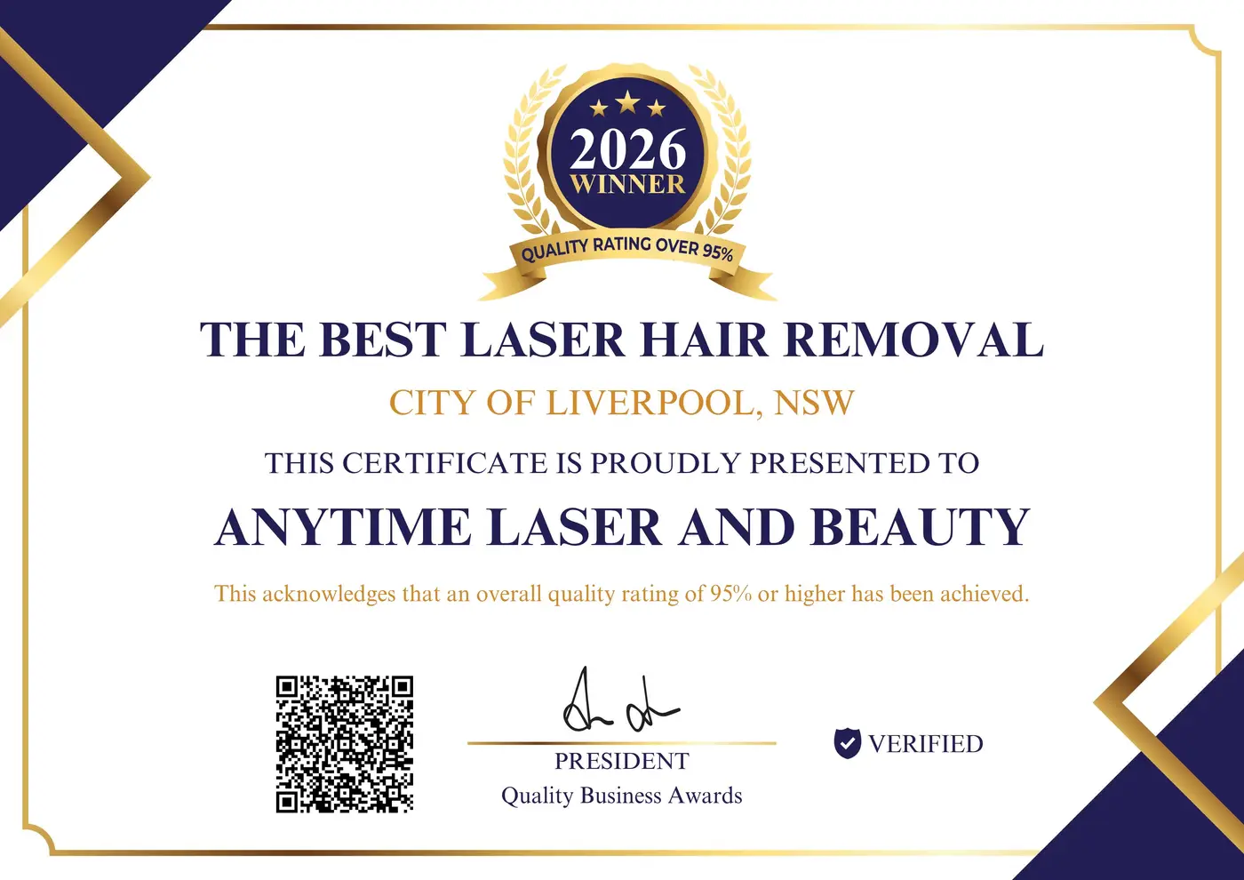 Quality Business Awards 2026 certificate: The Best Laser Hair Removal, City of Liverpool NSW, presented to Anytime Laser and Beauty